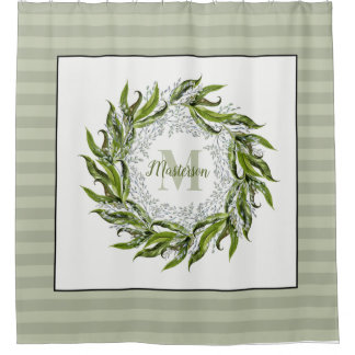 Classic Greenery Wreath Monogram Sage Stripes 