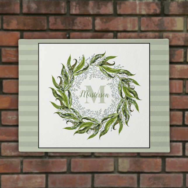 Classic Greenery Wreath Monogram Sage Stripes Doormat (Creator Uploaded)