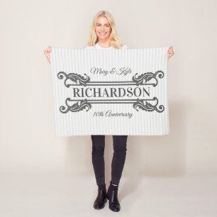 Classic Grey Acanthus Leaf Monogram Elegant Stripe Fleece Blanket