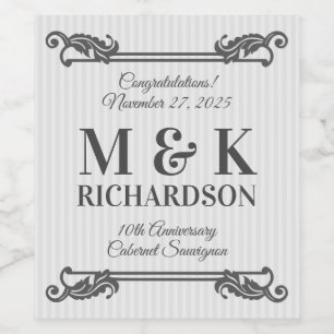 Classic Grey Acanthus Leaf Monogram Elegant Stripe Wine Label