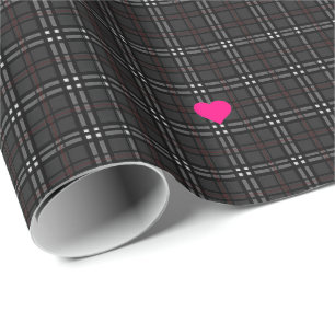 Classic grey and black plaid pattern Pink Hearts Wrapping Paper
