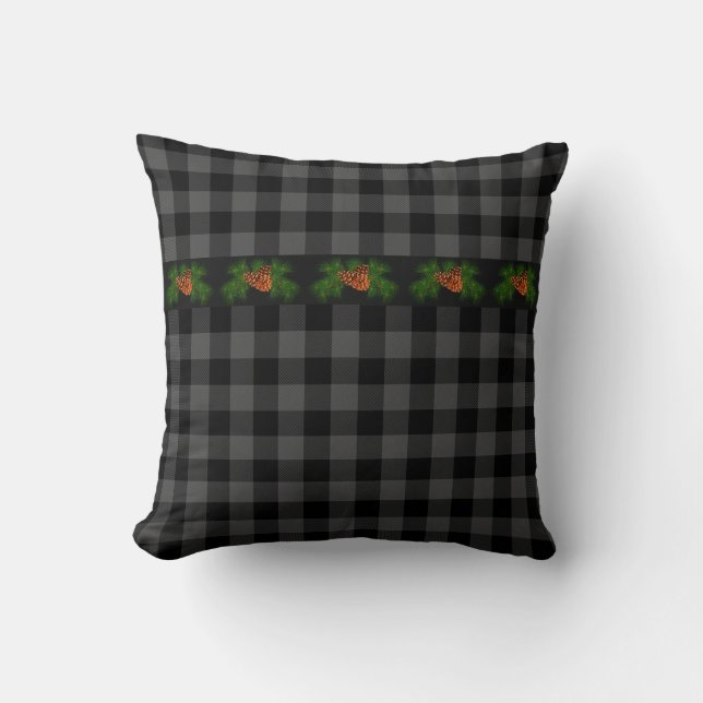 Classic grey and black plaid pine cone throw pillow (Front)