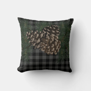 Classic grey and black plaid pine cone throw pillow