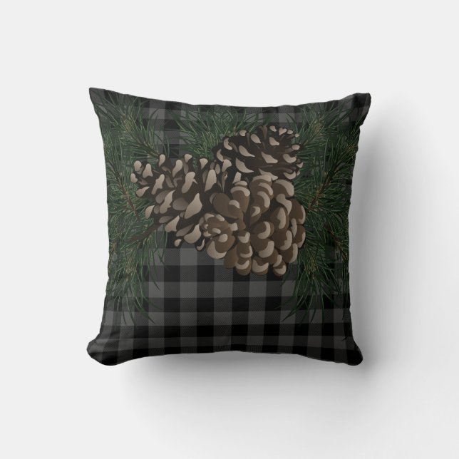 Classic grey and black plaid pine cone throw pillow (Front)