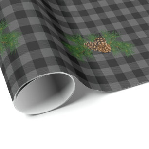Classic grey and black plaid pine cone wrapping paper