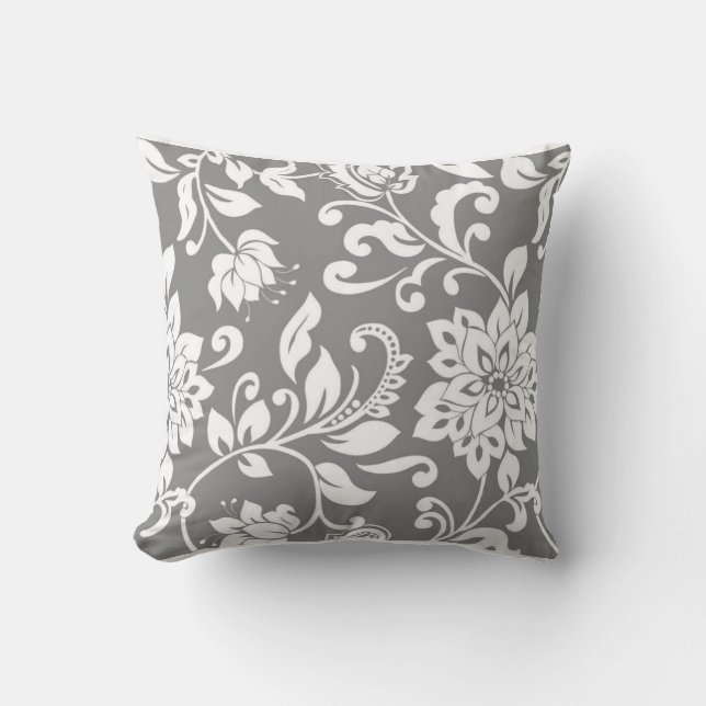 Classic Grey and White Floral Throw Pillow (Front)