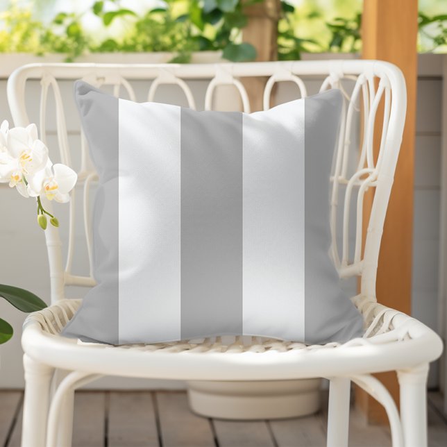 Classic Grey and White Vertical Cabana Stripes Outdoor Pillow (Creator Uploaded)