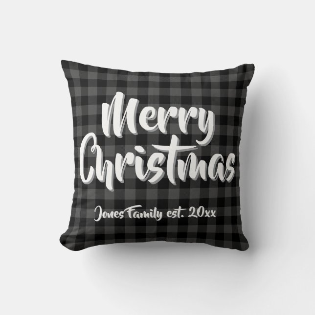 Classic grey black buffalo plaid personalized throw pillow (Front)