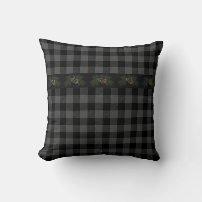 Classic grey black plaid country pine cone throw pillow (Front)