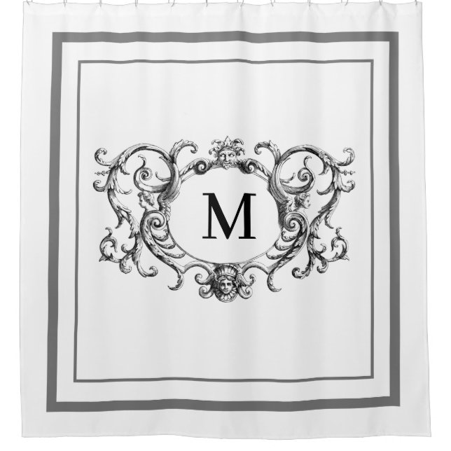 Classic grey Border Script Monogram  Shower Curtai (Front)