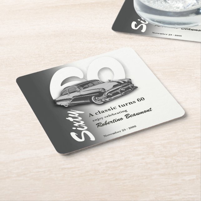 Classic Grey Car Turns 60th Birthday Square Paper Coaster (Angled)