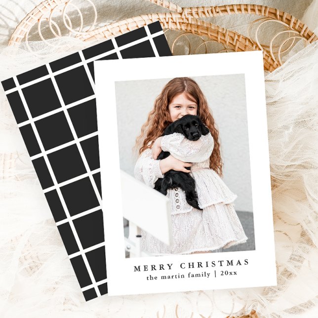 Classic Grey Check Pattern Merry Christmas Photo Holiday Card (Creator Uploaded)