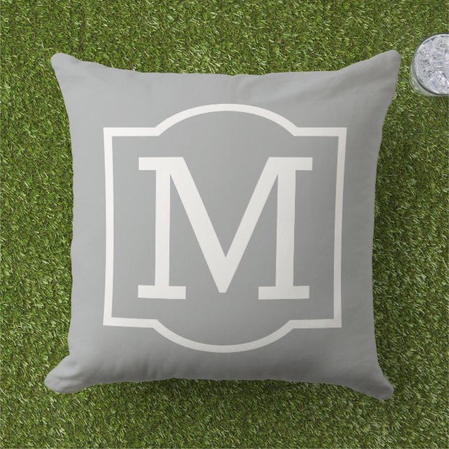 Classic Grey Custom Monogram Letter Outdoor Pillow (Grass)