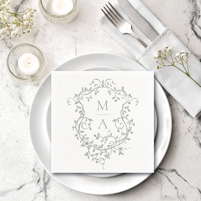 Classic Grey Floral Crest Monogram Wedding Napkin (Creator Uploaded)