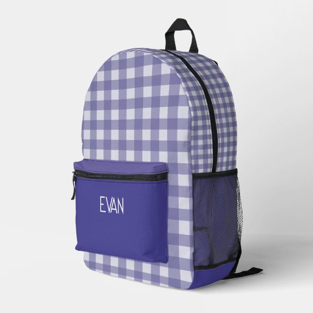 Classic Grey Gingham Pattern Personalized School Printed Backpack (Back Corner Right)