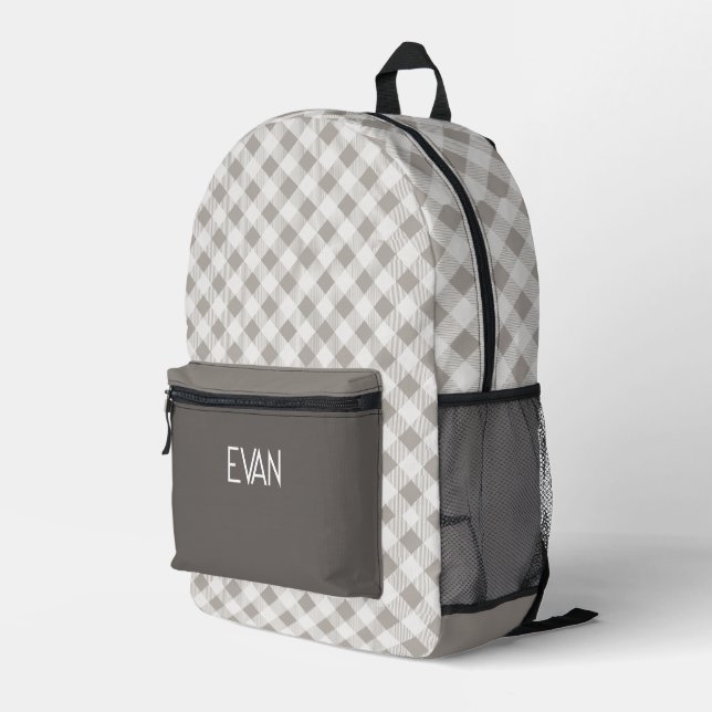 Classic Grey Gingham Pattern Personalized School Printed Backpack (Back Corner Right)