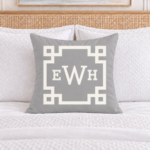 Classic Grey Greek Key Monogram Initial Throw Pillow