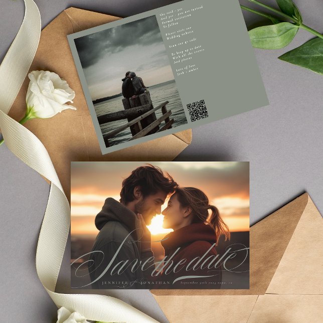 Classic Grey Green Calligraphy QR Code Two Photo Save The Date (Creator Uploaded)