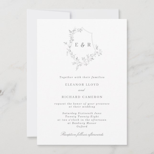 Classic Grey Leaf Crest Monogram Wedding Invitation (Front)