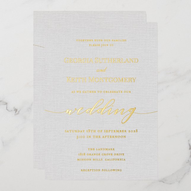 Classic Grey Linen Wedding Gold Foil Invitation (Front/Back)