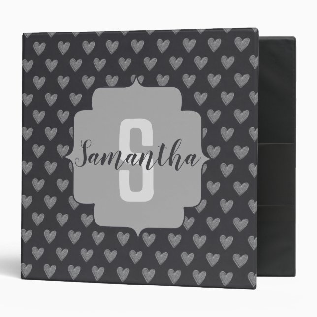 Classic Grey Monogram and Chalk Hearts Pattern Binder (Front/Inside)