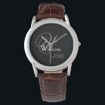 Classic Grey Monogram, White on Black Groomsman Watch<br><div class="desc">Looking for a timeless and sophisticated gift for your groomsmen? Look no further than this stunning personalized watch, complete with a monogram and name. It's the perfect way to show your appreciation and make your wedding day even more special. A timeless choice for the men in your wedding, this bold...</div>