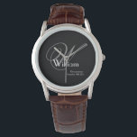 Classic Grey Monogram, White on Black Groomsman Watch<br><div class="desc">Looking for a timeless and sophisticated gift for your groomsmen? Look no further than this stunning personalized watch, complete with a monogram and name. It's the perfect way to show your appreciation and make your wedding day even more special. A timeless choice for the men in your wedding, this bold...</div>