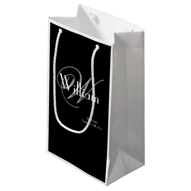 Classic Grey Monogram White Script Best Man Black Small Gift Bag (Front Angled)