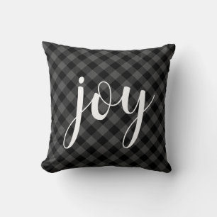 Classic grey Plaid elegant joy script Throw Pillow