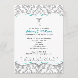 Classic Grey & Turquoise Nurse graduation pinning Invitation