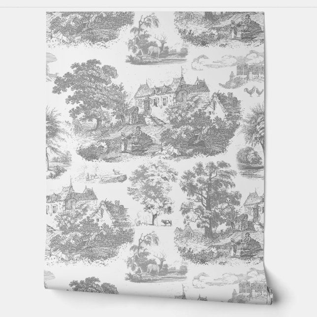 Classic Grey Vintage French Chateau Toile Wallpaper (Unrolling)