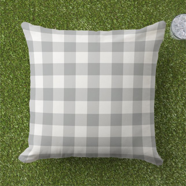 Classic Grey White Gingham Plaid Check Outdoor Pillow (Grass)