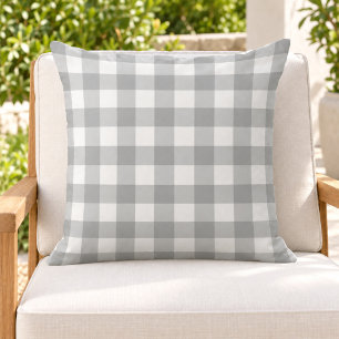 Classic Grey White Gingham Plaid Check Outdoor Pillow