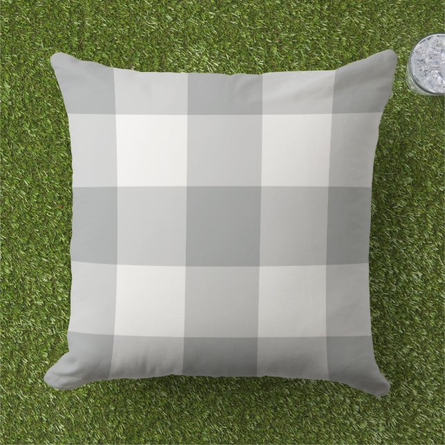 Classic Grey White Large Gingham Check Outdoor Pillow (Grass)