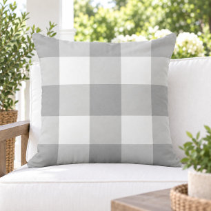 Classic Grey White Large Gingham Check Outdoor Pillow