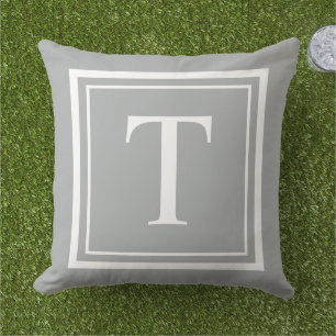 Classic Grey White Square Frame Monogram Outdoor Pillow