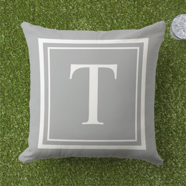 Classic Grey White Square Frame Monogram Outdoor Pillow (Grass)