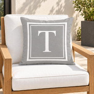Classic Grey White Square Frame Monogram Outdoor Pillow