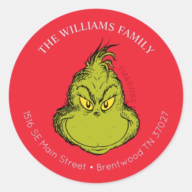 Classic Grinch | Christmas Address Classic Round Sticker (Front)