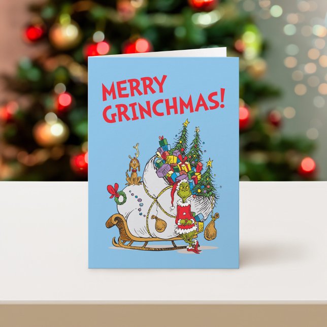 Classic Grinch | Grinch & Max with Sleigh Holiday Card (Card on table)