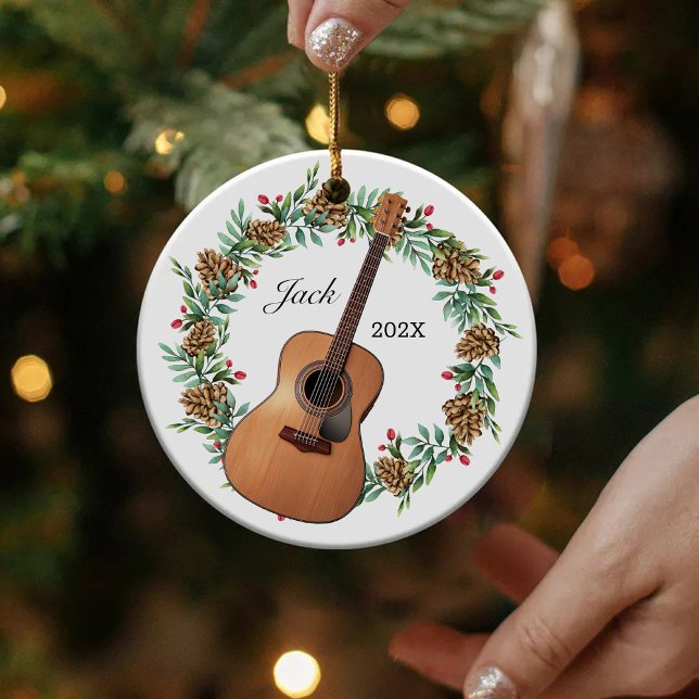 Classic Guitar Christmas Wreath Pine Cones Music Ceramic Ornament (Creator Uploaded)