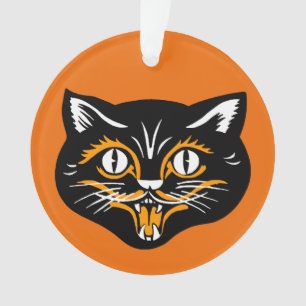 Classic Halloween Black Cat Face Fangs Orange Ornament
