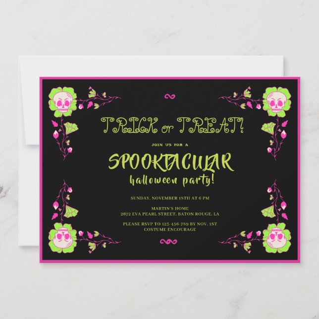 Classic Halloween Black & Pink Skull Costume Party Invitation (Front)
