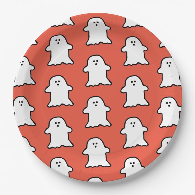 Classic Halloween Orange and White Ghost Paper Plate (Front)