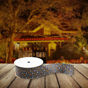 Classic Halloween Themed Pattern Dark Grey Grosgrain Ribbon
