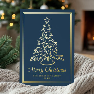 Classic Hand-Drawn Christmas Tree Navy Non-Photo Foil Holiday Card
