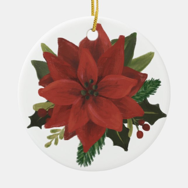 Classic Hand Painted Poinsettia Holiday Ceramic Ornament (Front)