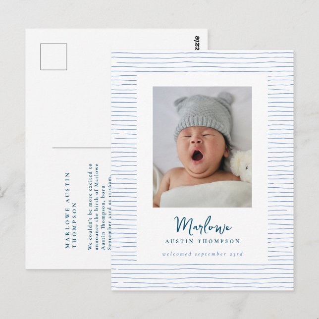 Classic Handdrawn Blue Striped Birth Announcement Postcard (Front/Back)