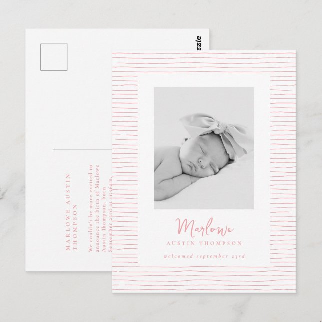 Classic Handdrawn Pink Striped Birth Announcement Postcard (Front/Back)