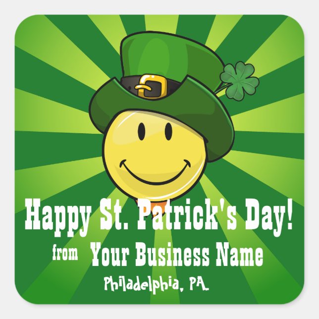 Classic Happy Face With an Irish Leprechaun Hat Square Sticker (Front)